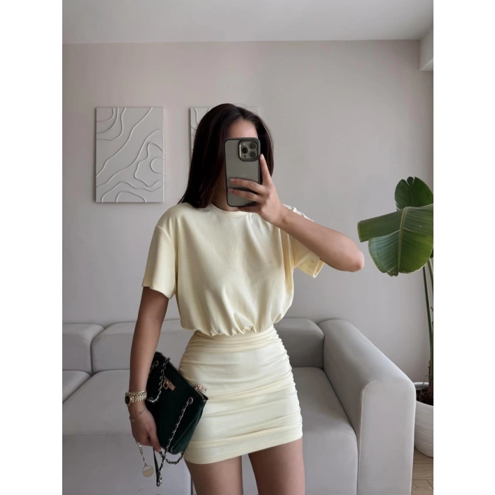 Eteği Büzgülü Modal Elbise - SARI