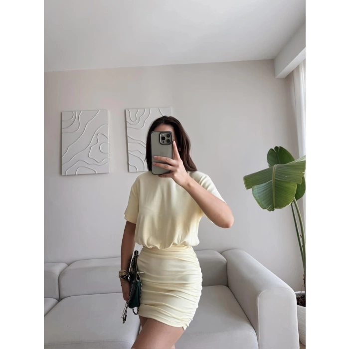 Eteği Büzgülü Modal Elbise - SARI