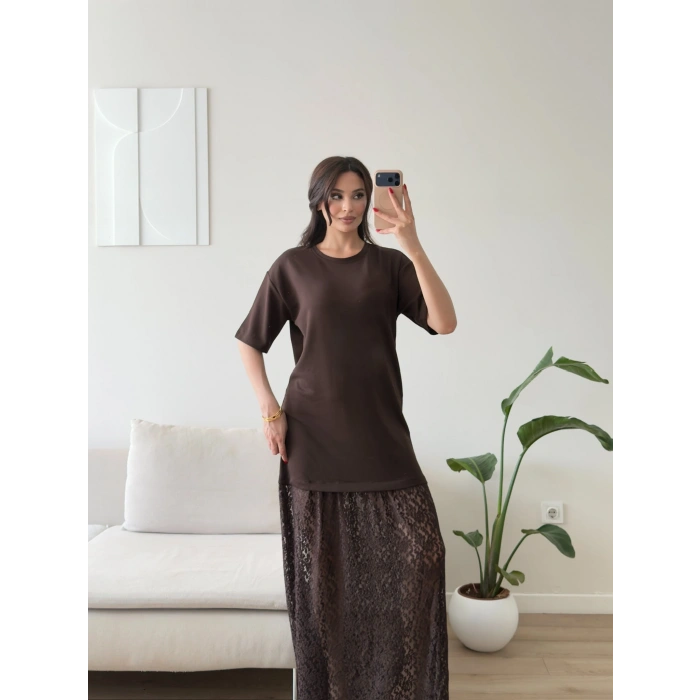 Eteği Dantel Kısa Kol Elbise - KAHVE
