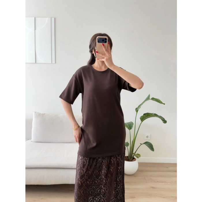Eteği Dantel Kısa Kol Elbise - KAHVE