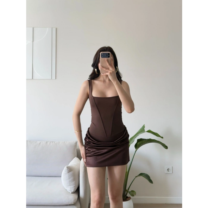 Eteği Drape Bodysuit Elbise - KAHVE