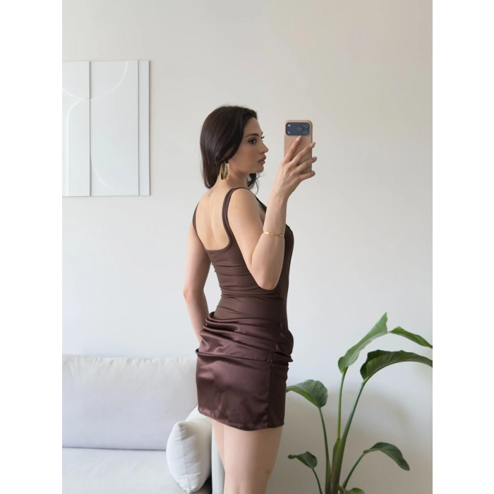 Eteği Drape Bodysuit Elbise - KAHVE