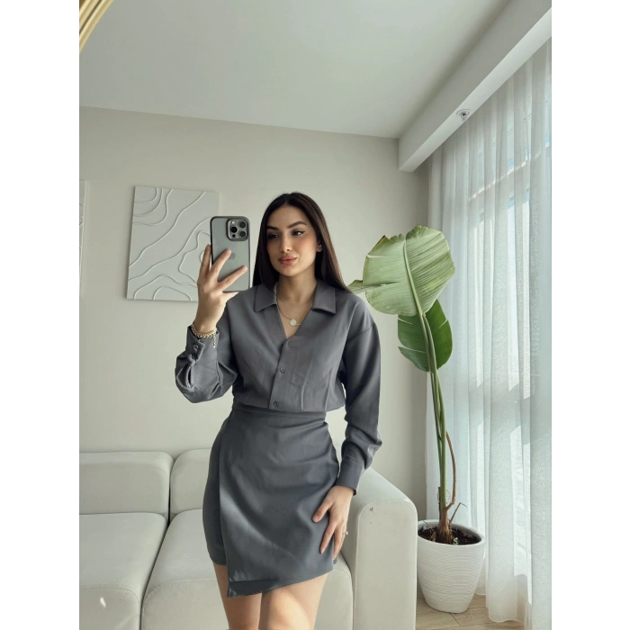 Eteği Kapaklı Gömlek Elbise - GRİ