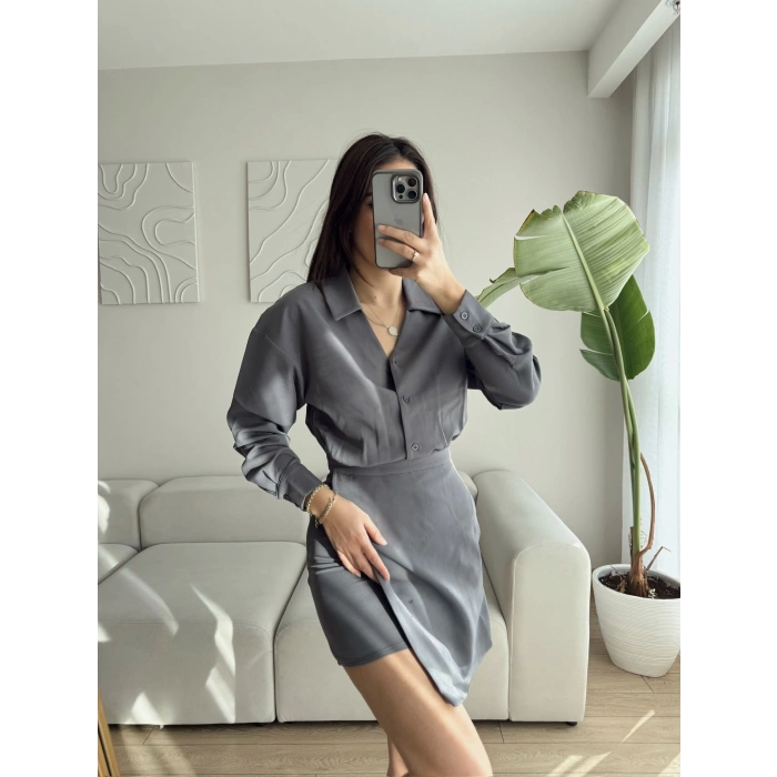 Eteği Kapaklı Gömlek Elbise - GRİ