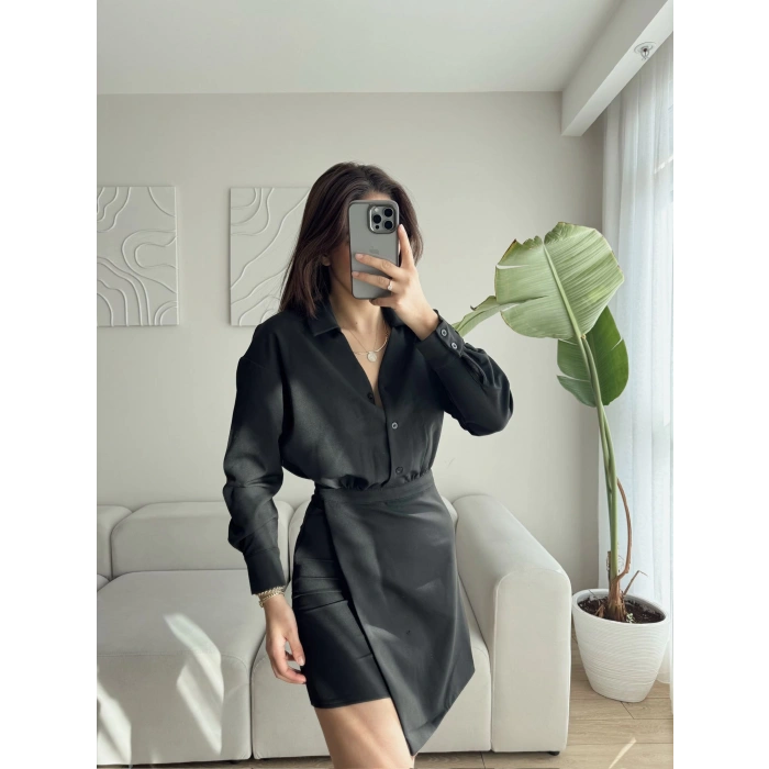 Eteği Kapaklı Gömlek Elbise - SİYAH