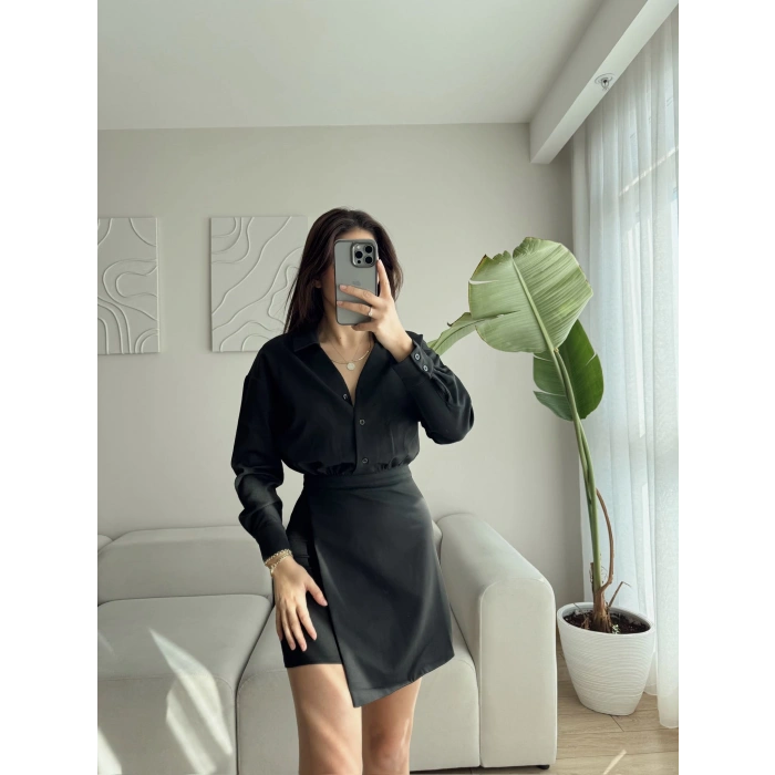 Eteği Kapaklı Gömlek Elbise - SİYAH