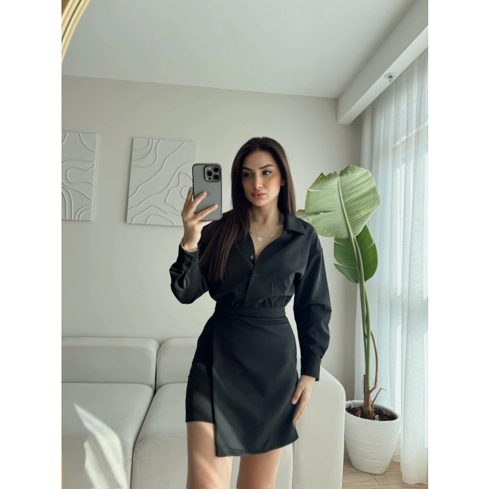 Eteği Kapaklı Gömlek Elbise - SİYAH