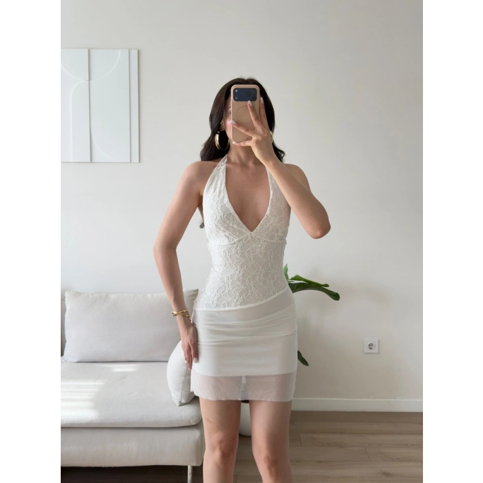 Eteği Tül Halter Elbise - BEYAZ