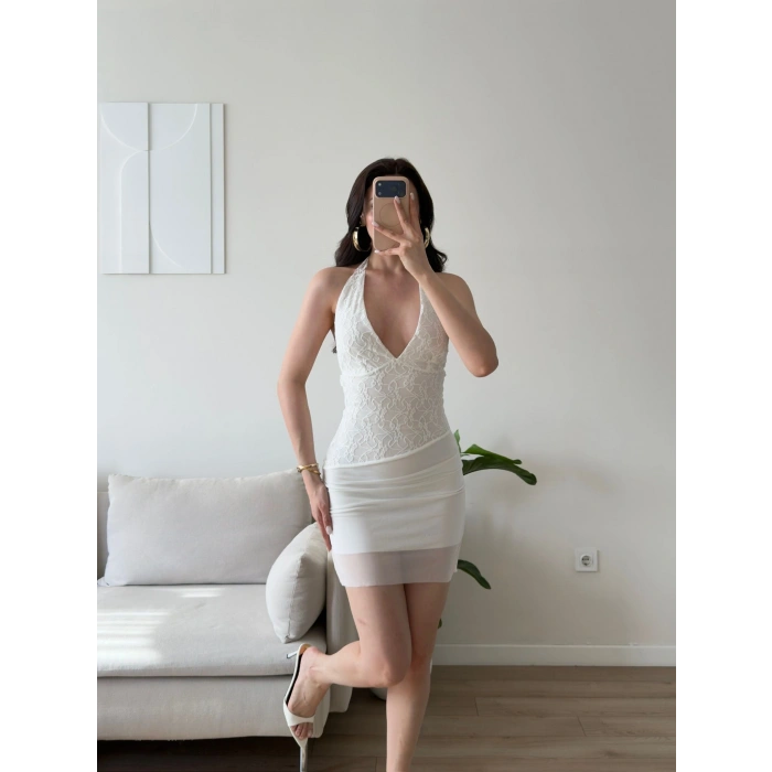 Eteği Tül Halter Elbise - BEYAZ