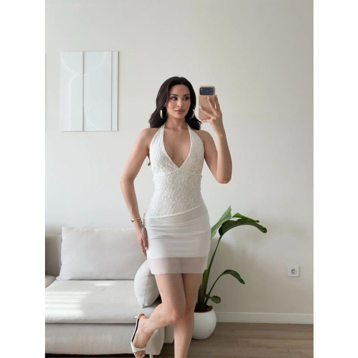 Eteği Tül Halter Elbise - BEYAZ