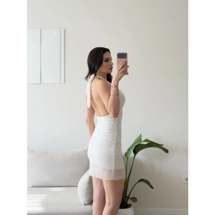 Eteği Tül Halter Elbise - BEYAZ