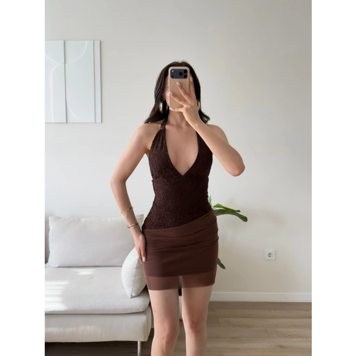 Eteği Tül Halter Elbise - KAHVE