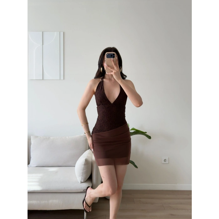 Eteği Tül Halter Elbise - KAHVE