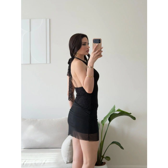 Eteği Tül Halter Elbise - SİYAH
