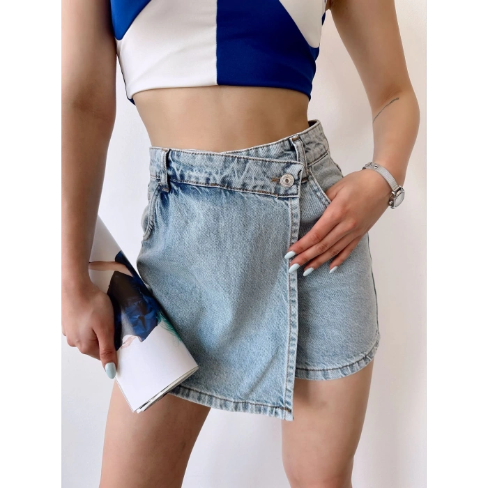 Etek Görünümlü Kot Şort-MAVİ