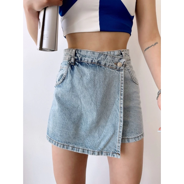 Etek Görünümlü Kot Şort-MAVİ