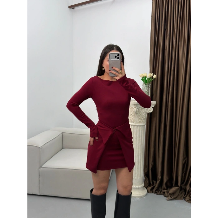 Etekli Parçalı Elbise - BORDO