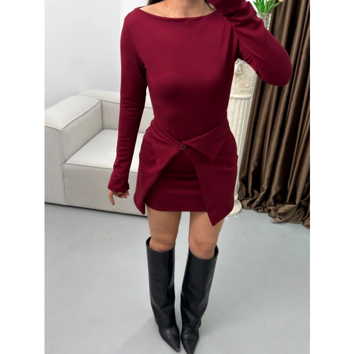 Etekli Parçalı Elbise - BORDO