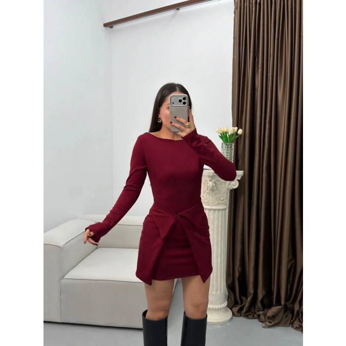 Etekli Parçalı Elbise - BORDO