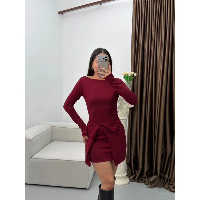 Etekli Parçalı Elbise - BORDO