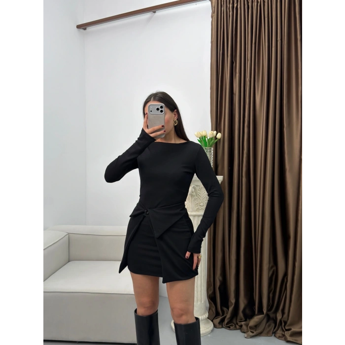 Etekli Parçalı Elbise - SİYAH