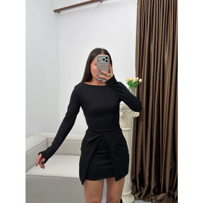 Etekli Parçalı Elbise - SİYAH