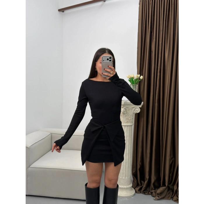 Etekli Parçalı Elbise - SİYAH