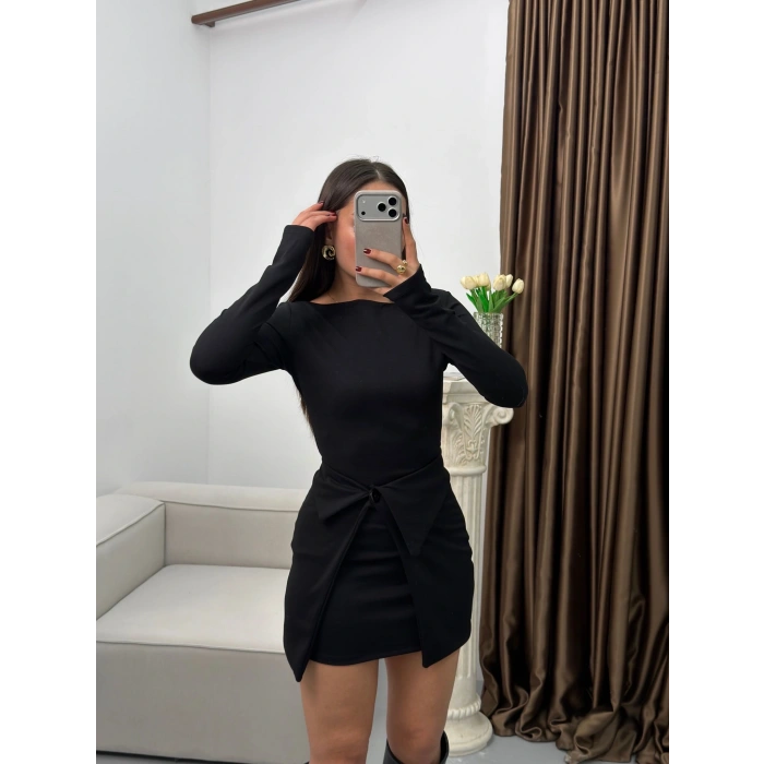 Etekli Parçalı Elbise - SİYAH