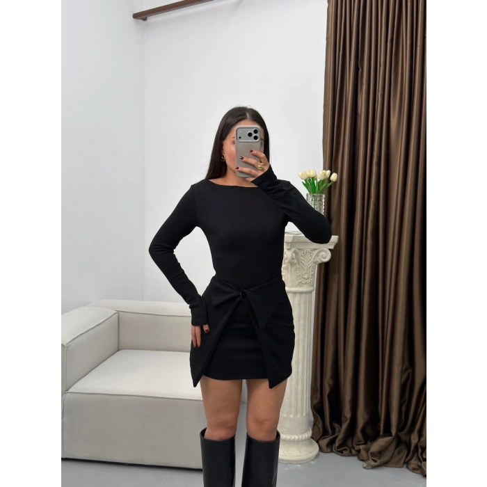 Etekli Parçalı Elbise - SİYAH