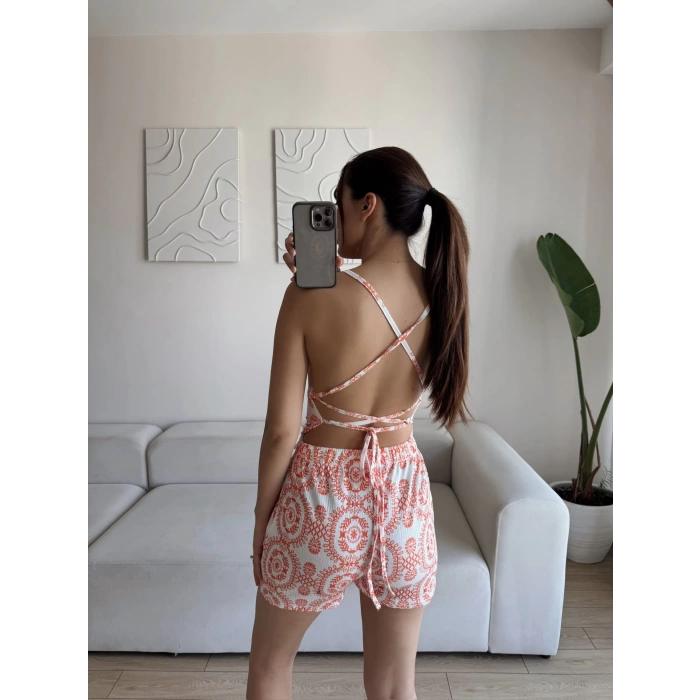 Etnik Desen Şortlu İkili Takım - TURUNCU
