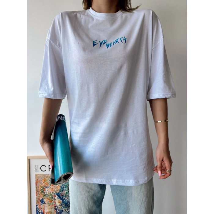 Eye Hearts Unisex Oversize T-shirt-BEYAZ