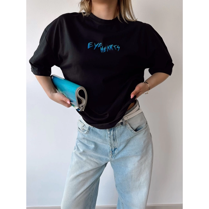 Eye Hearts Unisex Oversize T-shirt-SİYAH
