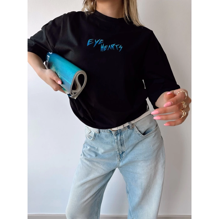 Eye Hearts Unisex Oversize T-shirt-SİYAH