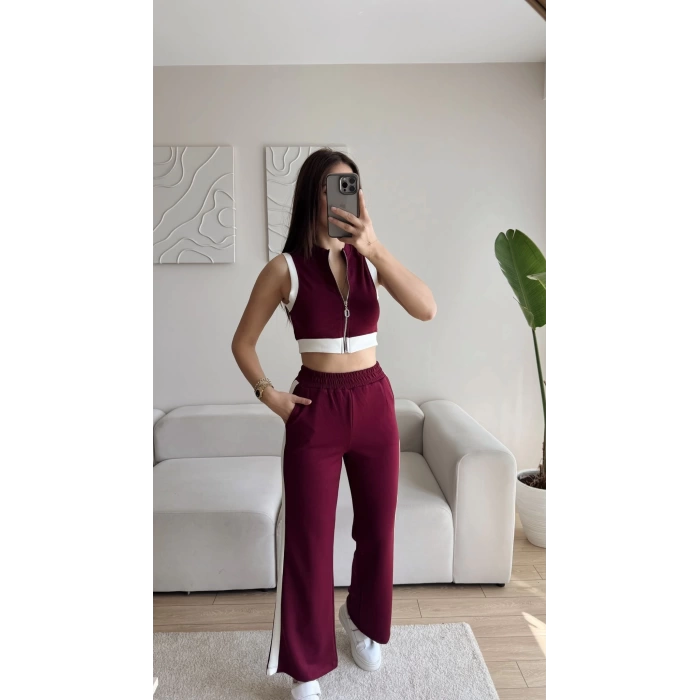 Fermuar Crop Yan Şerit İkili Takım - BORDO
