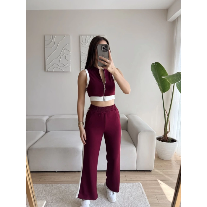 Fermuar Crop Yan Şerit İkili Takım - BORDO