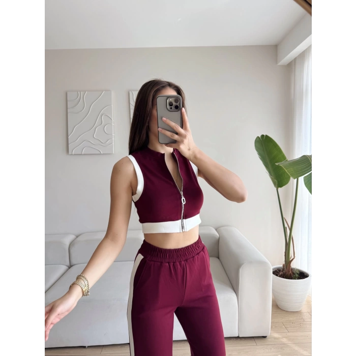 Fermuar Crop Yan Şerit İkili Takım - BORDO