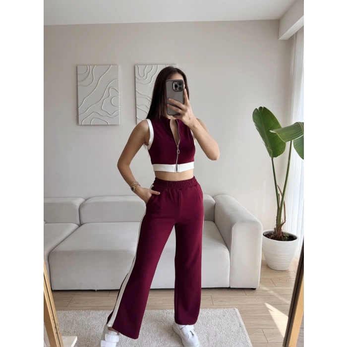 Fermuar Crop Yan Şerit İkili Takım - BORDO