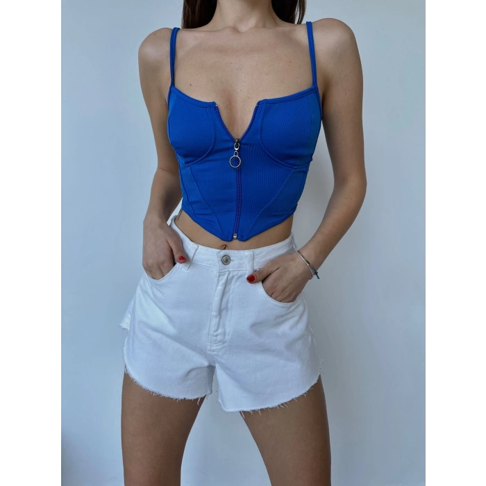 Fermuar Detay Askılı Crop-MAVİ