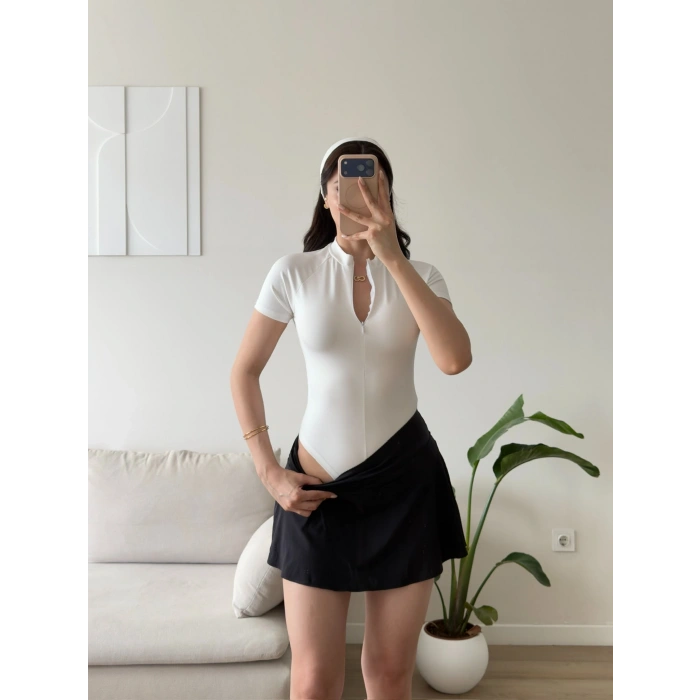 Fermuar Detay Bodysuit - BEYAZ