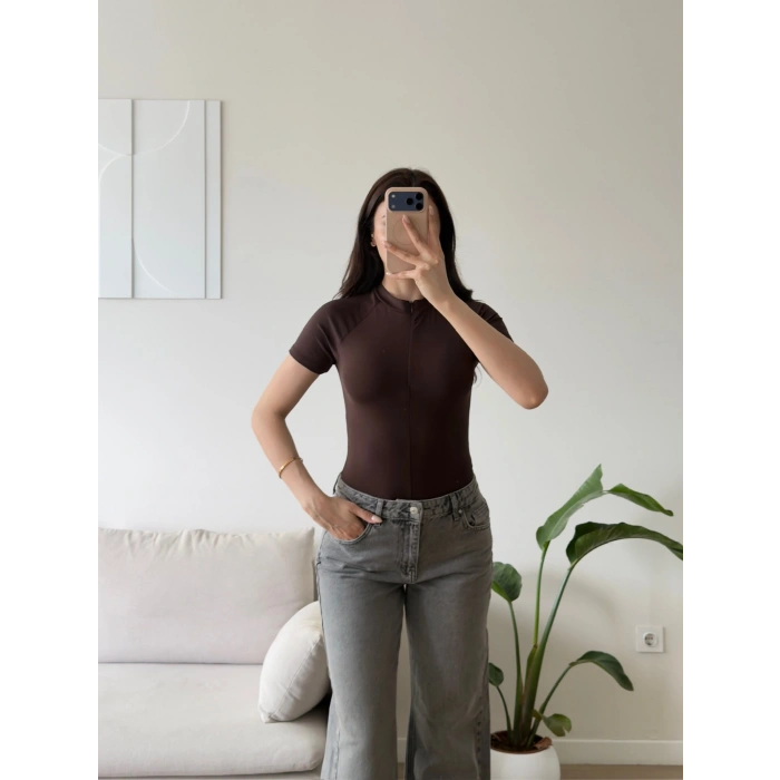 Fermuar Detay Bodysuit - KAHVE