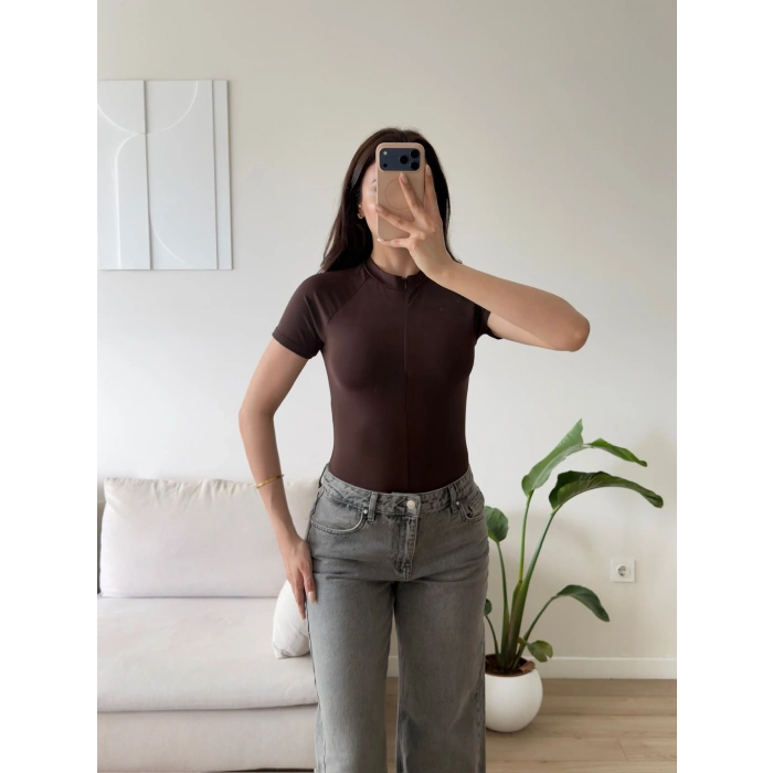 Fermuar Detay Bodysuit - KAHVE