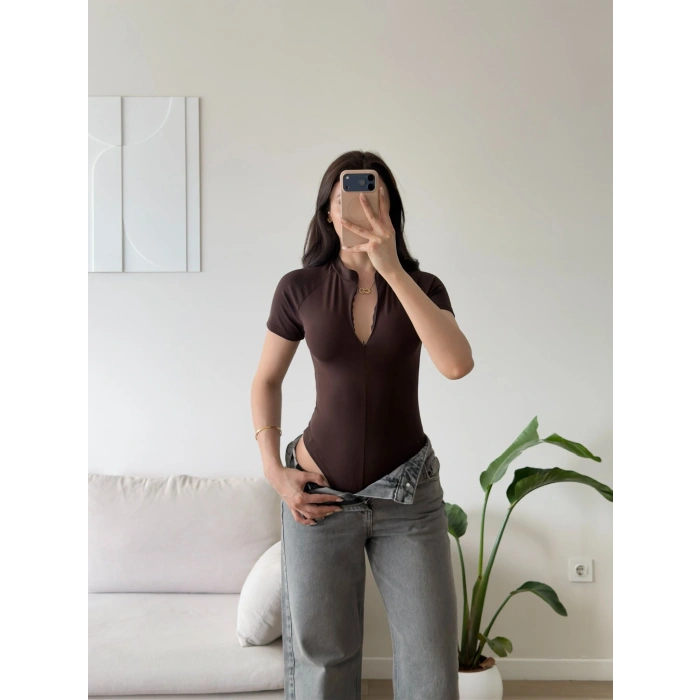 Fermuar Detay Bodysuit - KAHVE