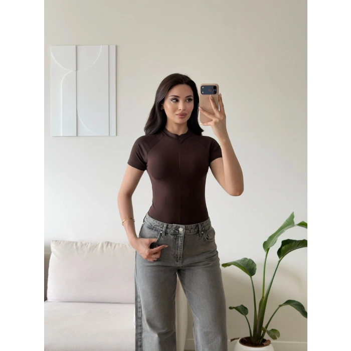 Fermuar Detay Bodysuit - KAHVE