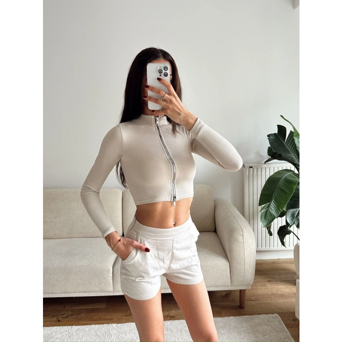 Fermuar Detay Crop - BEJ