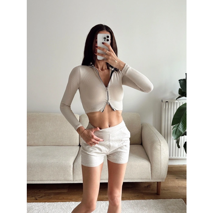 Fermuar Detay Crop - BEJ