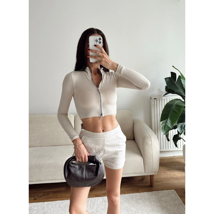 Fermuar Detay Crop - BEJ