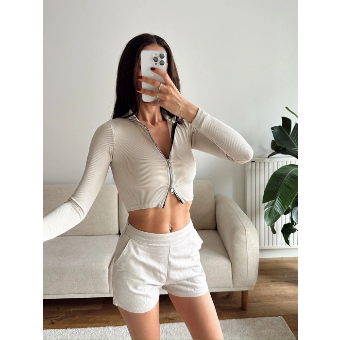 Fermuar Detay Crop - BEJ
