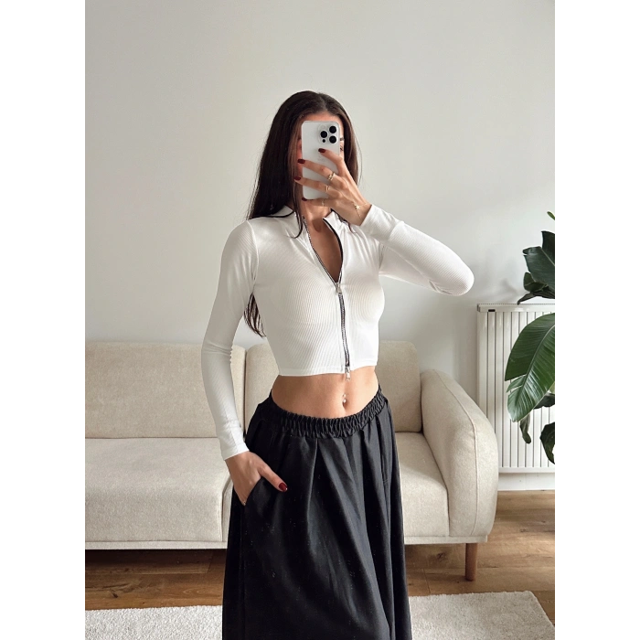 Fermuar Detay Crop - BEYAZ