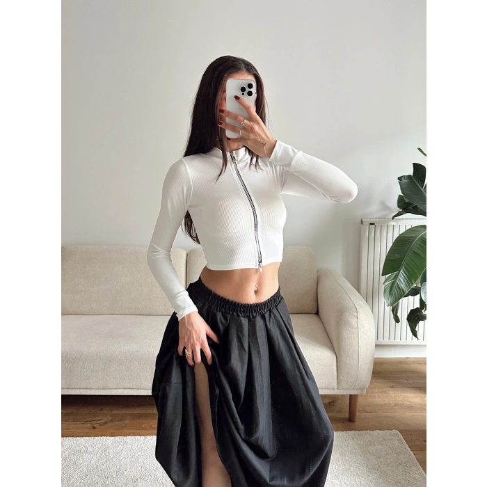 Fermuar Detay Crop - BEYAZ