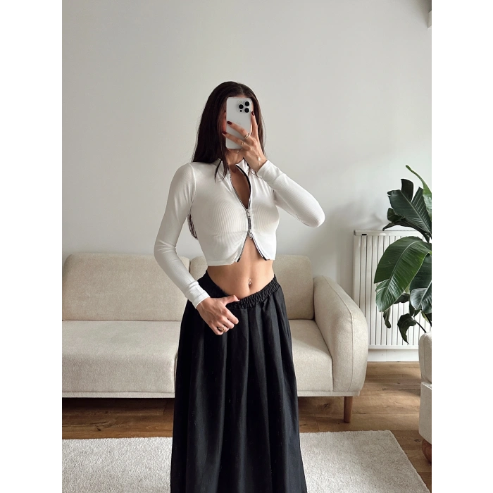 Fermuar Detay Crop - BEYAZ